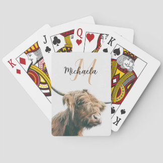 Highland cow portrait custom name initial monogram playing cards