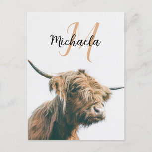 Highland cow portrait custom name initial monogram postcard