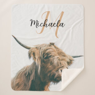 Highland cow portrait custom name initial monogram sherpa blanket