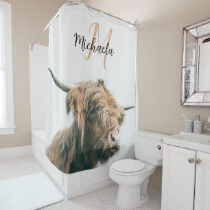 Highland cow portrait custom name initial monogram shower curtain