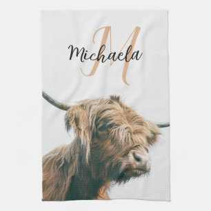 Highland cow portrait custom name initial monogram tea towel