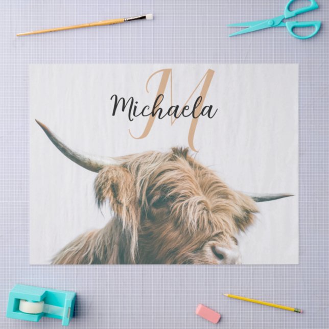Highland cow portrait custom name initial monogram tissue paper (Craft)