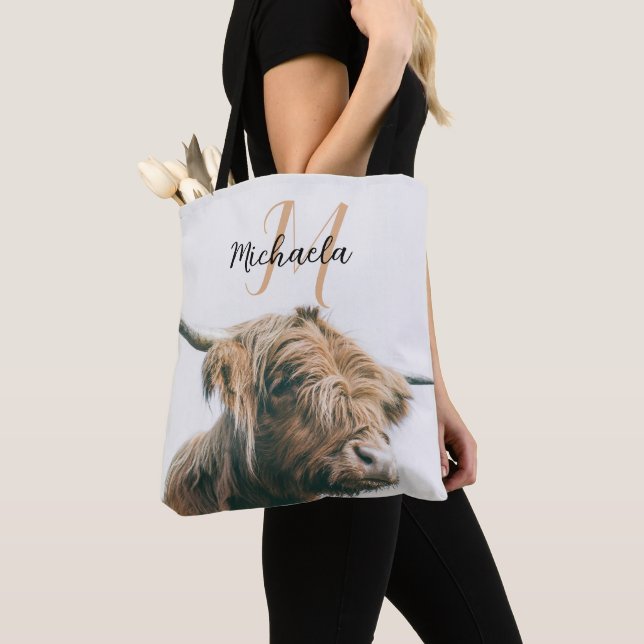 Highland cow portrait custom name initial monogram tote bag (Close Up)