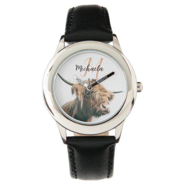 Highland cow portrait custom name initial monogram watch (Front)