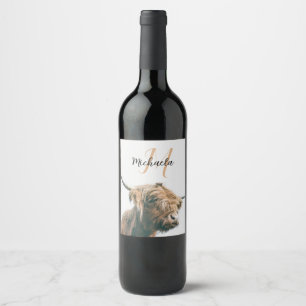 Highland cow portrait custom name initial monogram wine label