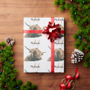 Highland cow portrait custom name initial monogram wrapping paper