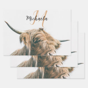 Highland cow portrait custom name initial monogram wrapping paper sheet