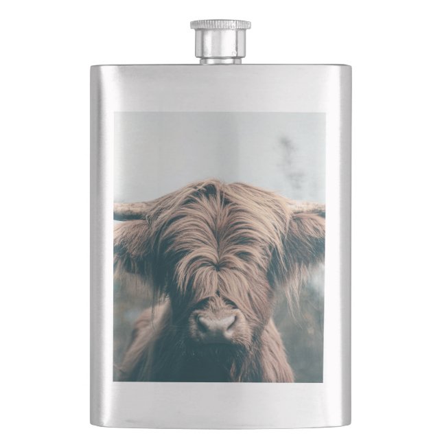 Highland cow portrait hip flask (Front)