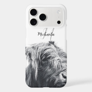 Highland cow portrait initial monogram black white