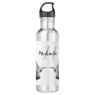 Highland cow portrait initial monogram black white 710 ml water bottle