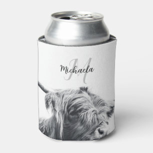 Highland cow portrait initial monogram black white can cooler