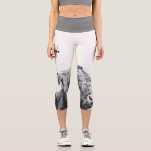 Highland cow portrait initial monogram black white capri leggings
