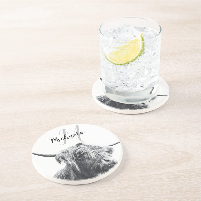 Highland cow portrait initial monogram black white coaster (Side)