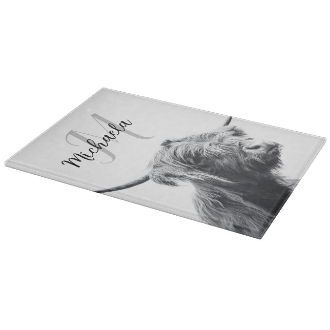 Highland cow portrait initial monogram black white cutting board (Corner)