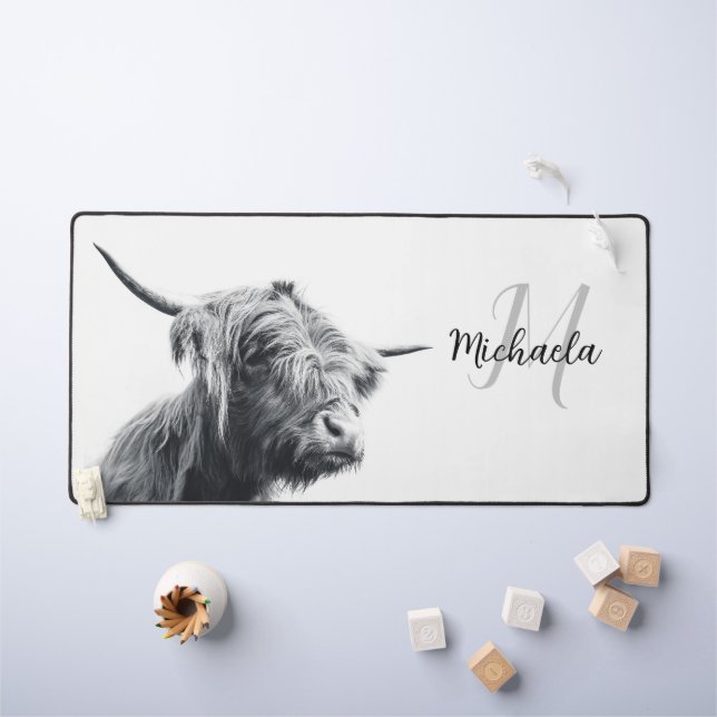 Highland cow portrait initial monogram black white desk mat (Kids Table)