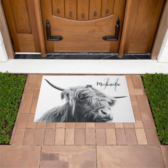 Highland cow portrait initial monogram black white doormat (Outdoor)