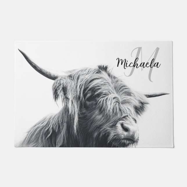 Highland cow portrait initial monogram black white doormat (Front)