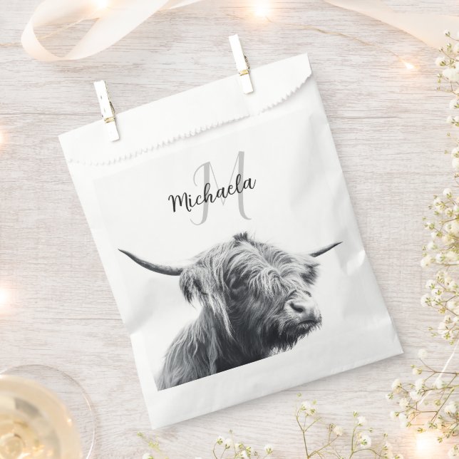 Highland cow portrait initial monogram black white favour bag (Clipped)