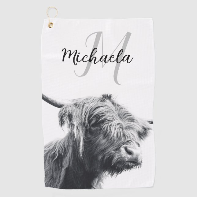 Highland cow portrait initial monogram black white golf towel (Front)