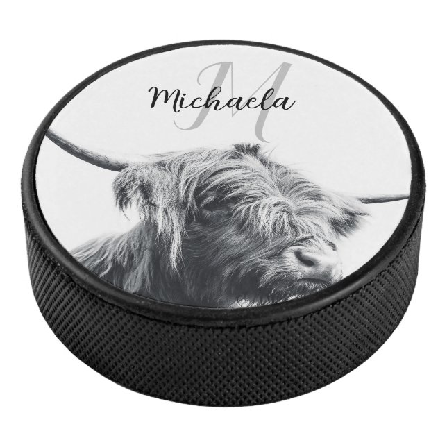Highland cow portrait initial monogram black white hockey puck (3/4)
