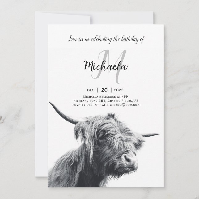 Highland cow portrait initial monogram black white invitation (Front)