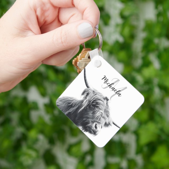 Highland cow portrait initial monogram black white key ring (Hand)