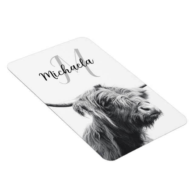 Highland cow portrait initial monogram black white magnet (Right Side)