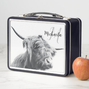 Highland cow portrait initial monogram black white metal lunch box