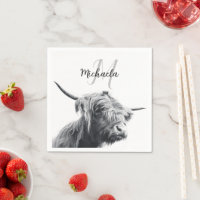 Highland cow portrait initial monogram black white