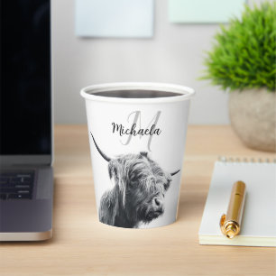 Highland cow portrait initial monogram black white paper cups