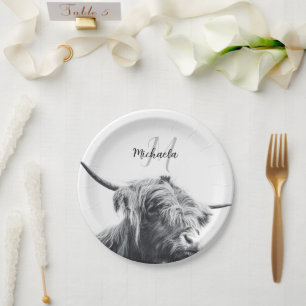 Highland cow portrait initial monogram black white paper plate