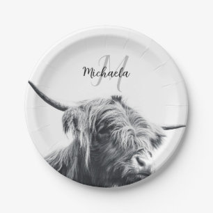 Highland cow portrait initial monogram black white paper plate