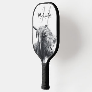 Highland cow portrait initial monogram black white pickleball paddle
