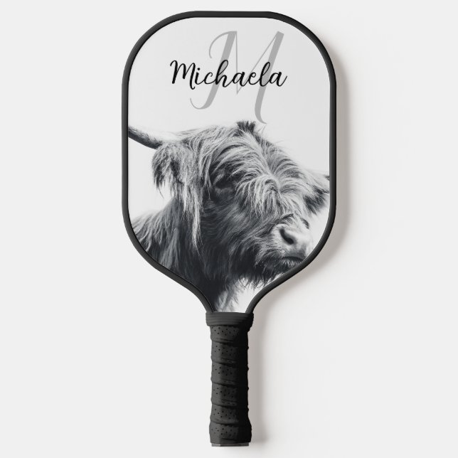 Highland cow portrait initial monogram black white pickleball paddle (Front)