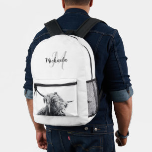 Highland cow portrait initial monogram black white printed backpack