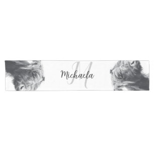 Highland cow portrait initial monogram black white short table runner