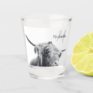 Highland cow portrait initial monogram black white shot glass