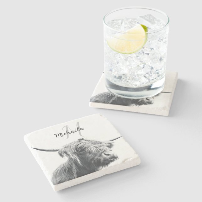 Highland cow portrait initial monogram black white stone coaster (Side)
