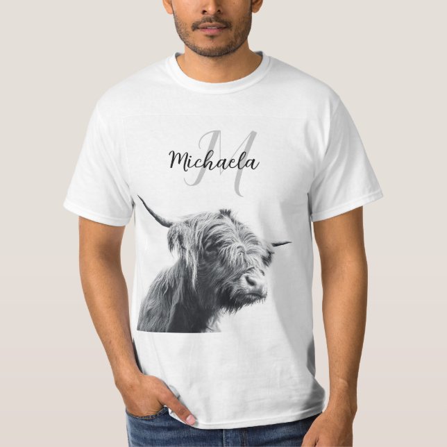 Highland cow portrait initial monogram black white T-Shirt (Front)