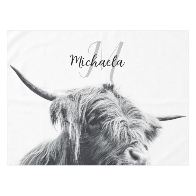Highland cow portrait initial monogram black white tablecloth (Front (Horizontal))