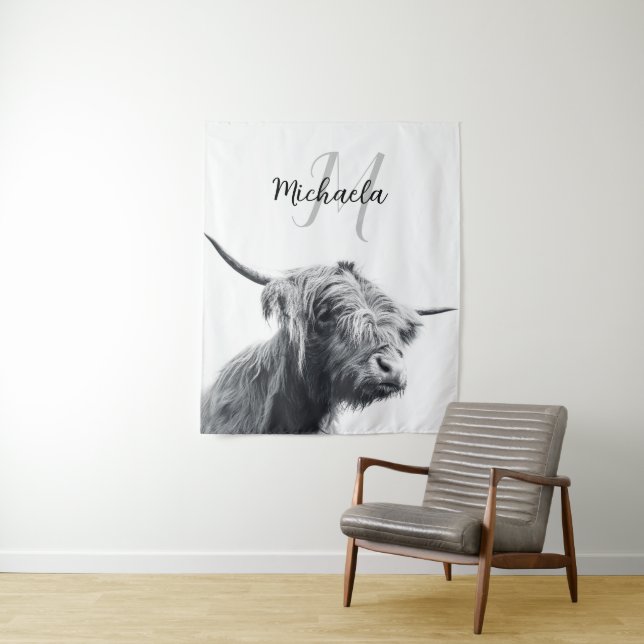 Highland cow portrait initial monogram black white tapestry (In Situ)