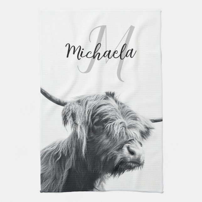 Highland cow portrait initial monogram black white tea towel (Vertical)