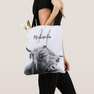 Highland cow portrait initial monogram black white tote bag