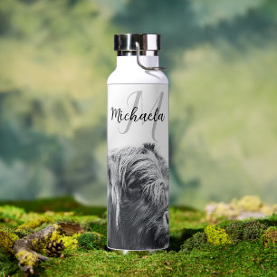 Highland cow portrait initial monogram black white water bottle