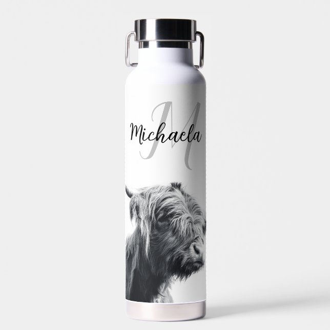 Highland cow portrait initial monogram black white water bottle (Front)