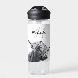 Highland cow portrait initial monogram black white water bottle
