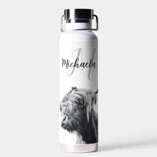 Highland cow portrait initial monogram black white water bottle