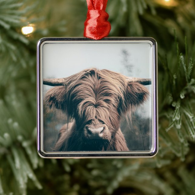 Highland cow portrait metal ornament (Tree)