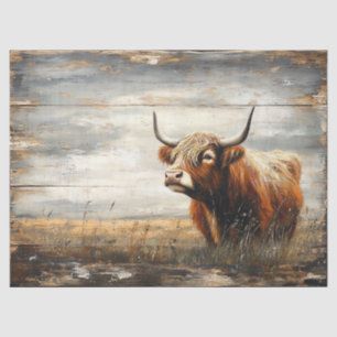 Highland Cow Portrait on Weathered Wood Decoupage Tissue Paper
