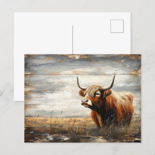 Highland Cow Portrait on Weathered Wood Postcard